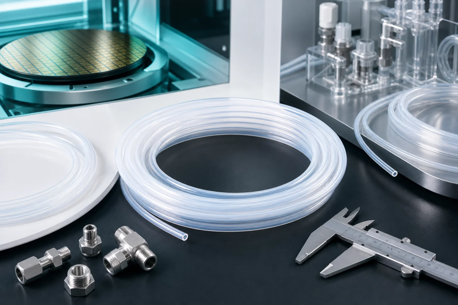 Studio product view of transparent fluoropolymer tubing, fittings, and caliper